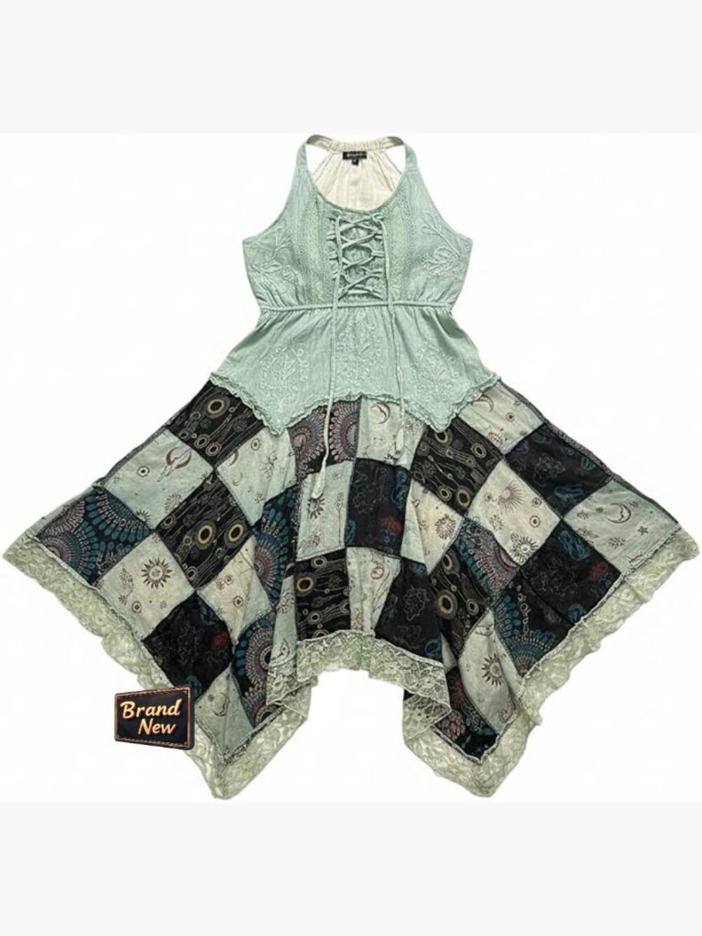 Boho Patchwork Sleeveless Cotton Dress Flared A-Line Festival Midi